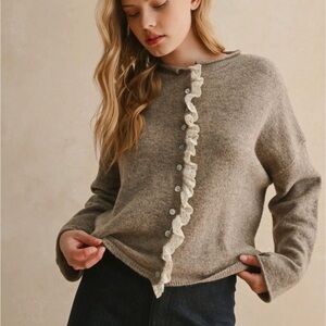 Miou Muse NWT Size Medium sweater cardigan lace buttery soft tan cream